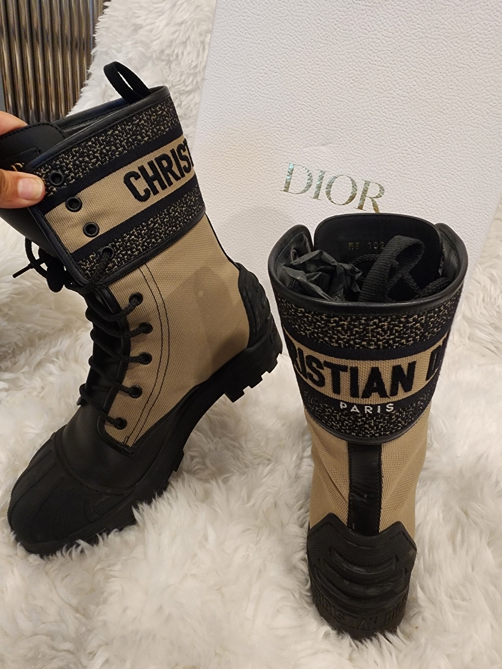 Dior Beige and Black Canvas Combat Boots